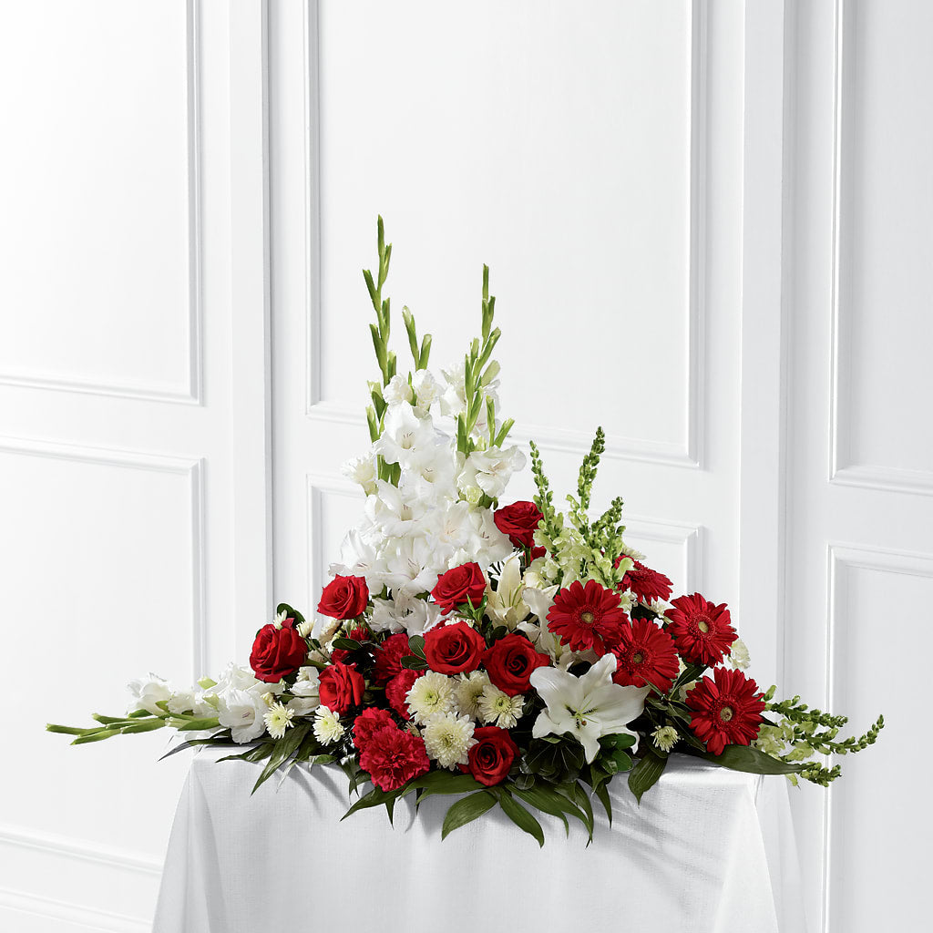 Crimson & White Arrangement – Bayport Flower Houses Inc, Bayport NY