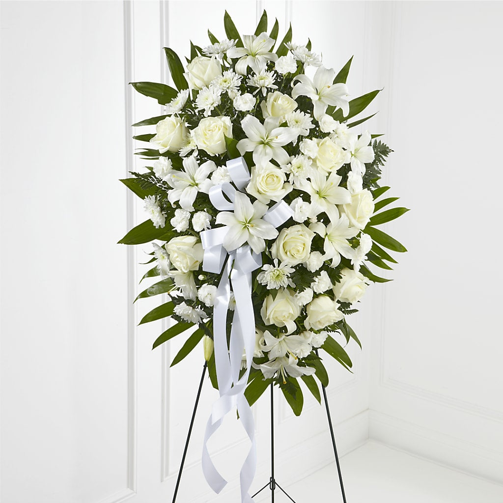 Exquisite Tribute Standing Spray-White Ribbon – Bayport Flower Houses Inc, Bayport NY