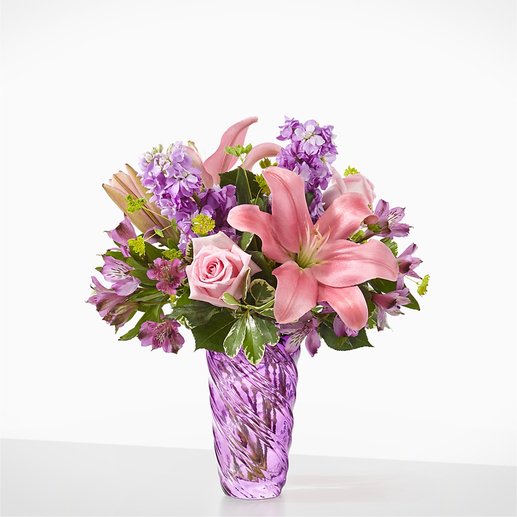 Precious Petals Bouquet with Luxe Swirl Vase – Bayport Flower Houses Inc, Bayport NY