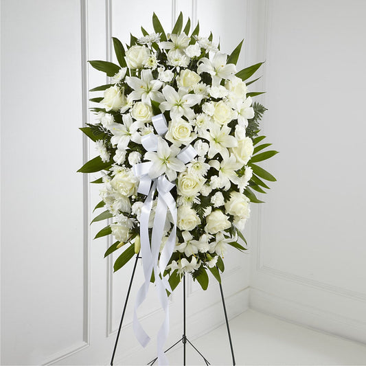 Exquisite Tribute Standing Spray-White Ribbon –  Bayport Flower Houses Inc, Bayport NY