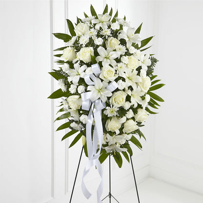 Exquisite Tribute Standing Spray-White Ribbon –  Bayport Flower Houses Inc, Bayport NY